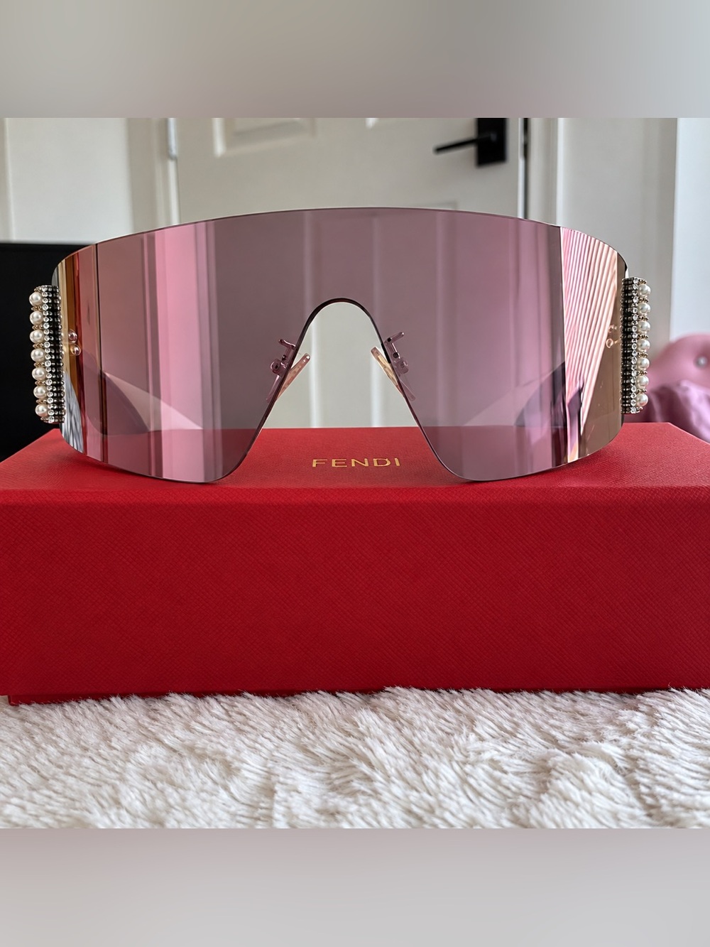 Fendi Crystal Mirrored Shield Sunglasses Pink Oversized Authentic